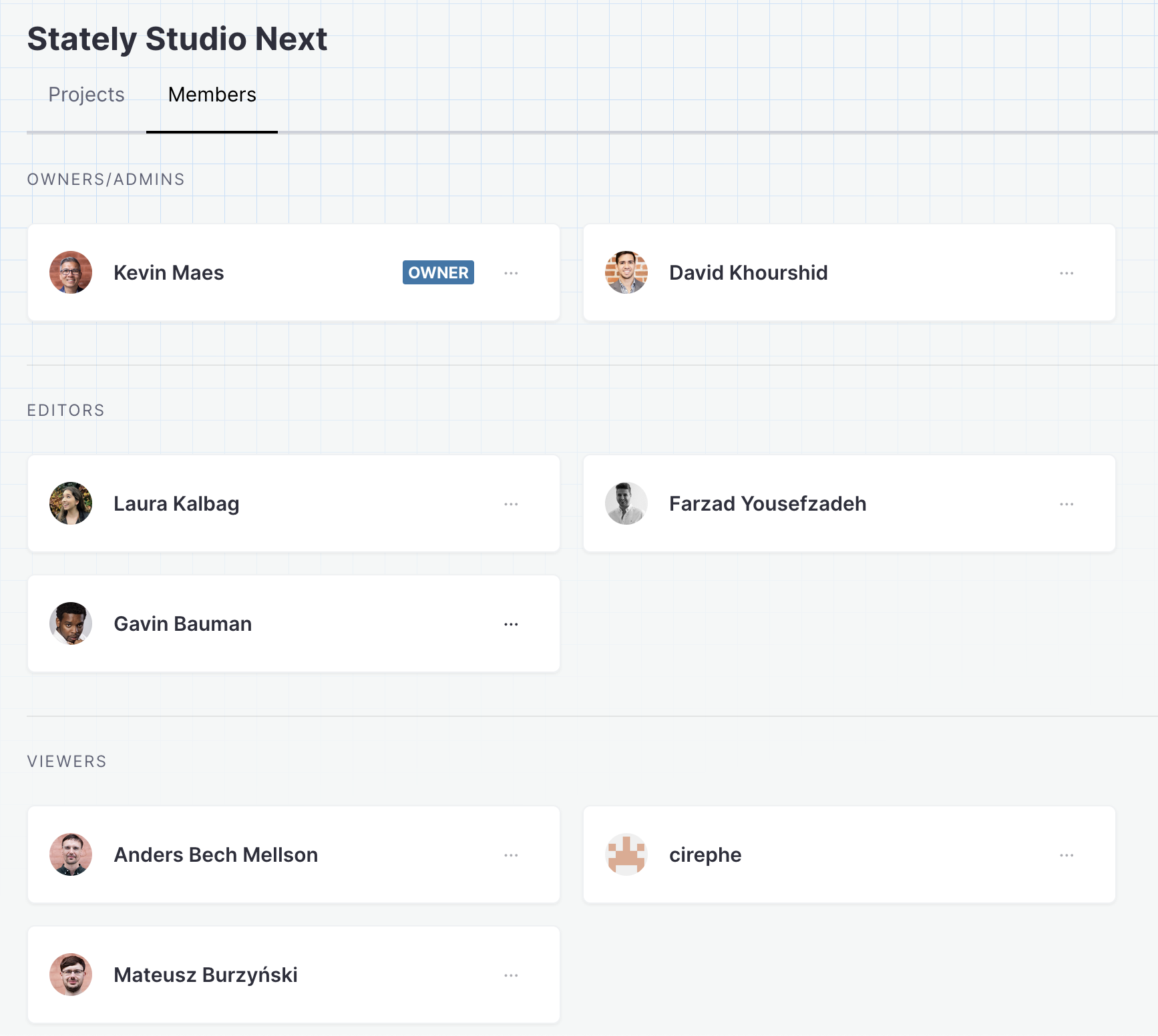 The Stately Studio Next team members tab. Under Owners/Admin, Kevin is labeled as Owner. David is an admin. Laura, Farzad and Gavin are listed under Editors. Anders, cirephe, and Mateusz are listed under Viewers.