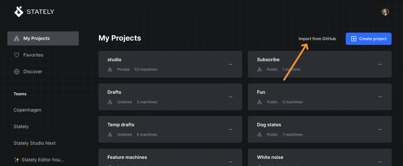 Stately Studio My Projects page showing a list of projects. Above the list is an Import from GitHub button, alongside the Create project button.