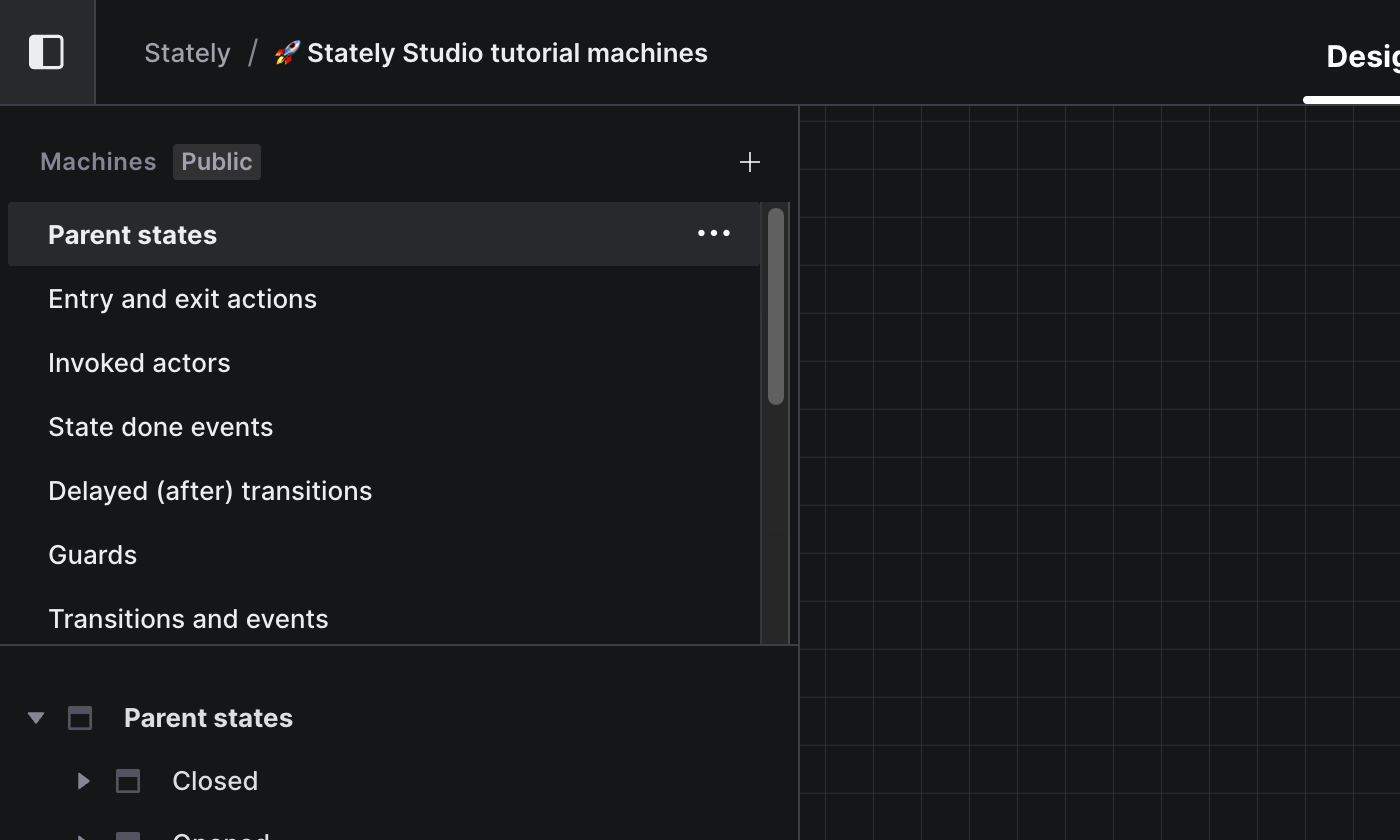 Stately Studio editor showing the Machines list in the left drawer for the Stately Studio Tutorials project. The selected machine is called ‘Parent states.’