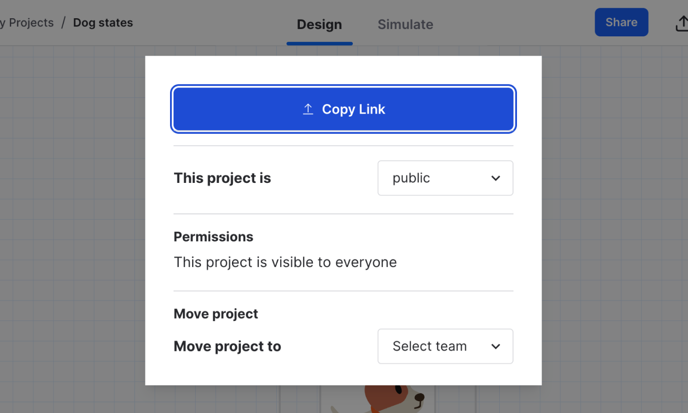 Stately Studio’s editor page showing the Share modal with the options for changing project visibility and moving projects to another team.