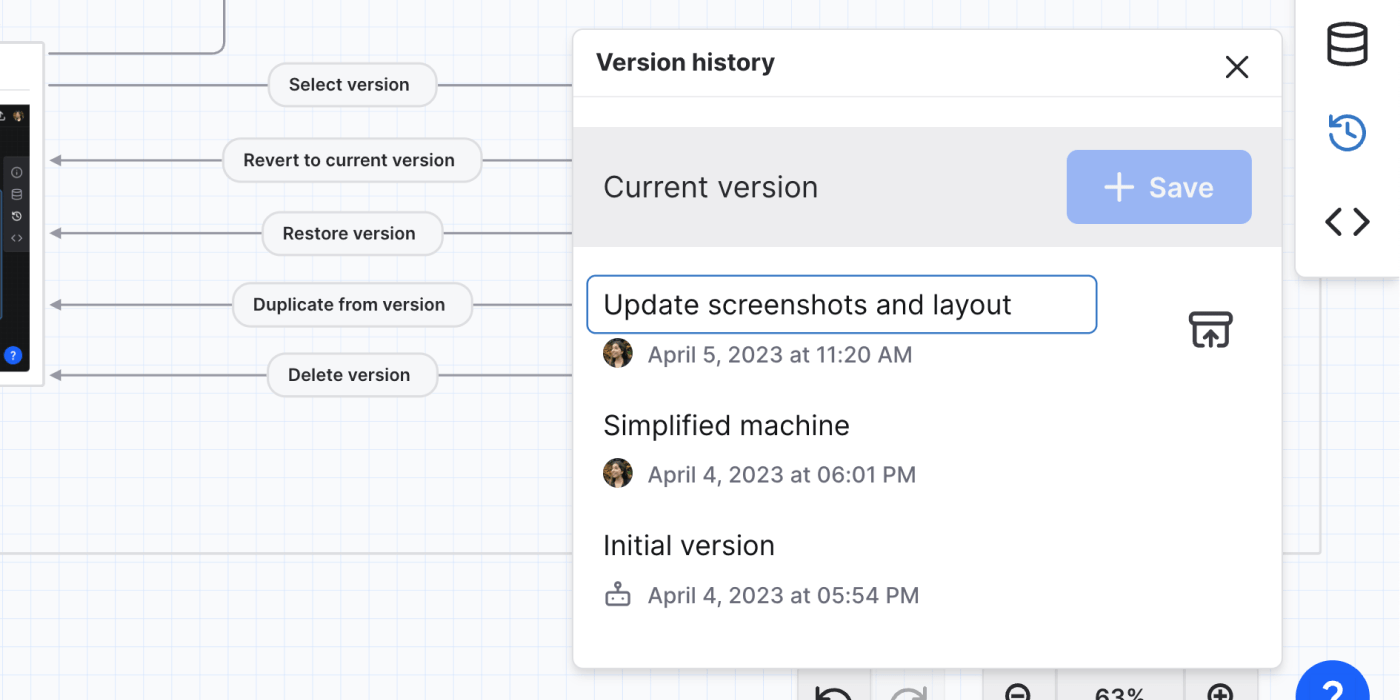 Selecting a version name in the Version history panel, showing the text input for the new name.