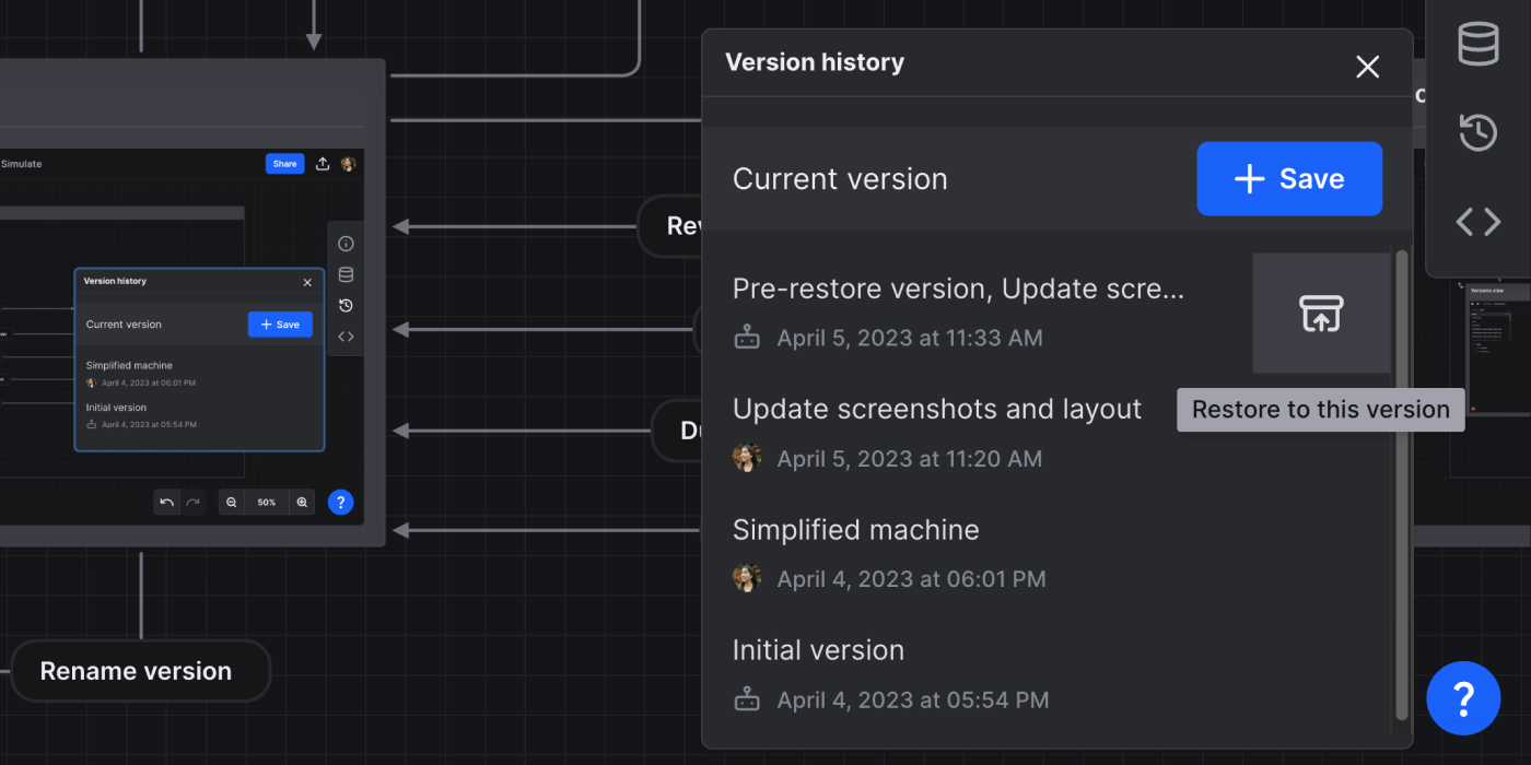Version history panel with the restore icon revealed on hover.