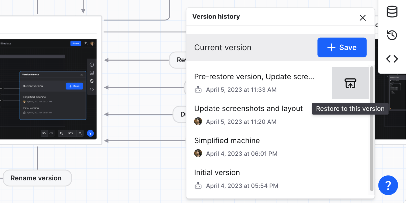 Version history panel with the restore icon revealed on hover.