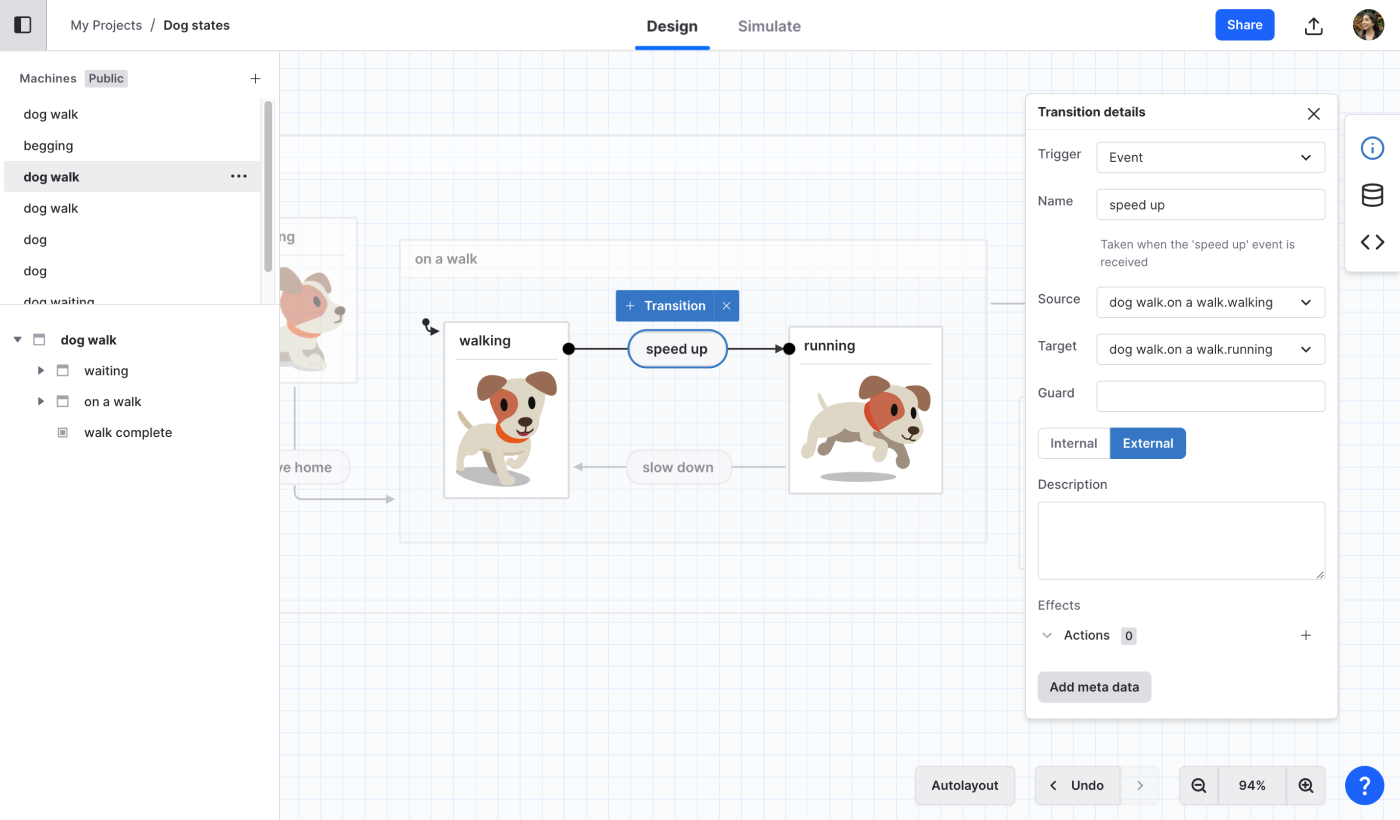 A dog walk machine open in Stately Studio’s editor. The dog walk machine has cute puppy images for each state, showing a dog walking and running. The speed up event is selected, and information and options for that transition is shown in an inspector panel on the right.