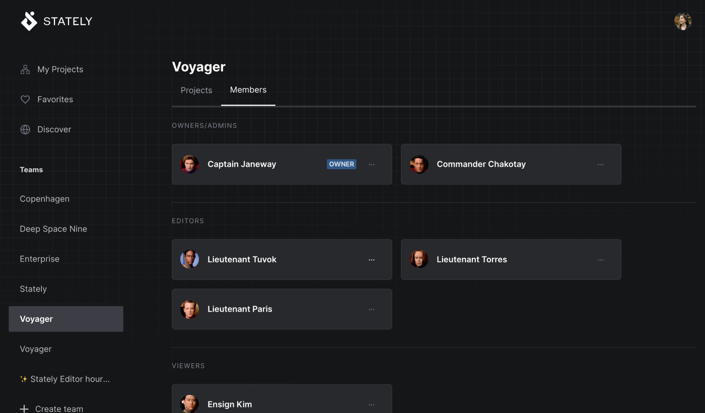 Stately Studio Team page for the Voyager team, showing Captain Janeway with the owner and Admin role, Commander Chakotay with an Admin role, Lieutenant Tuvok, Lieutenant Torres, and Lieutenant Paris with Editor roles, and Ensign Kim with a Viewer role.
